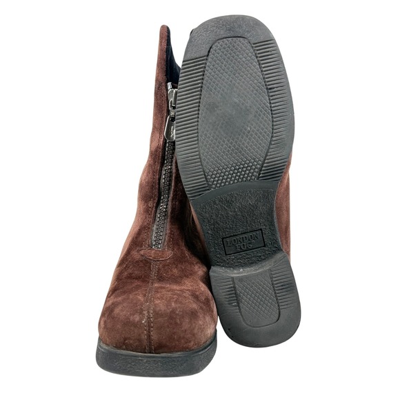 London Fog Okemo Brown Suede Leather Zip Up Block Heel Ankle Boots - Picture 2 of 5
